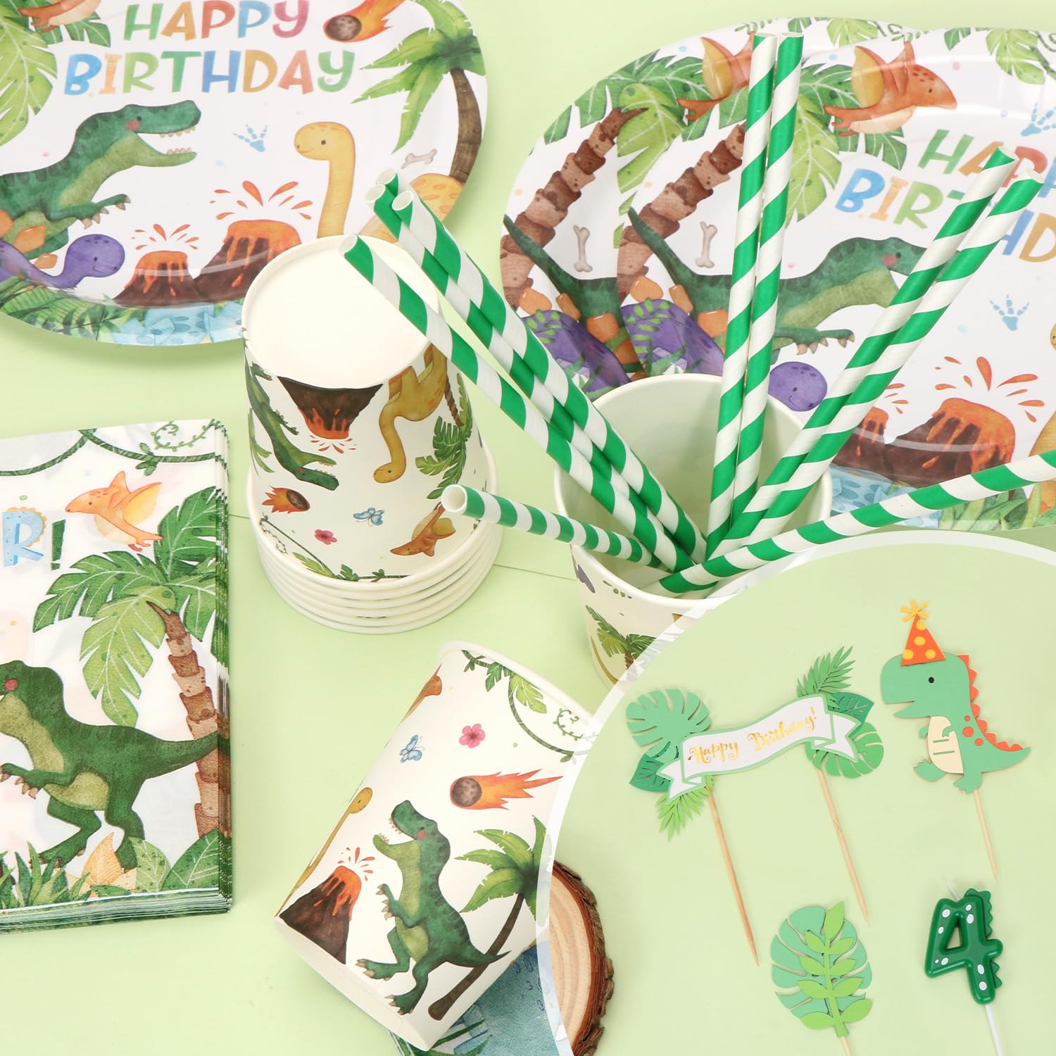 Palloncini Dinosauri Compleanno, Stoviglie per Feste a Tema Dinosauri per Bambini 4 Anni con Palloncini Dinosauro, Candela Numero 4, Decorazione per Torta, Striscione, Tovagliolo, Piatto (16 Ospiti)