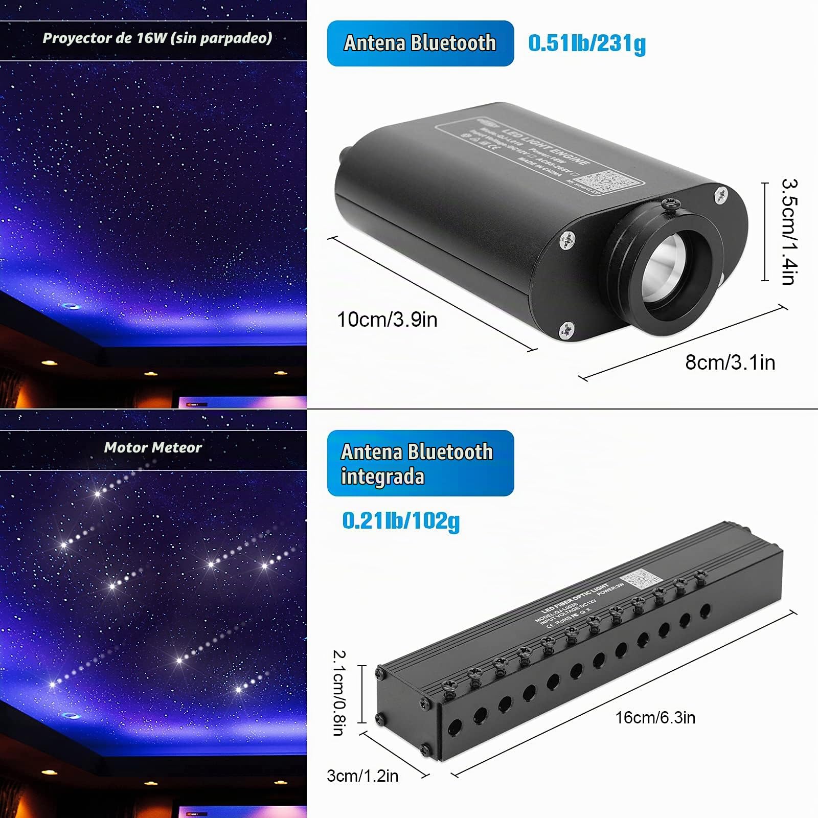 CHINLY Bluetooth Meteor 16W RGBW Twinkle APP LED Fibra óptica Star Techo Luces Kit APP Mixto 400pcs + 8pcs = 408pcs Fibra óptica de 3m + Motor de estrella fugaz + Adaptador + Hogar/Coche