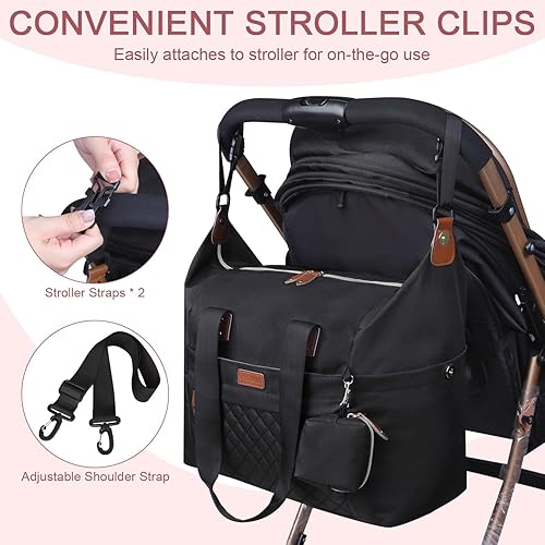 Miniatura 6 de Bolsa de pañales, bolsas de pañales para bebé con funda para chupete, correas de hombro, clips para cochecito, bolsa grande impermeable para mamá y