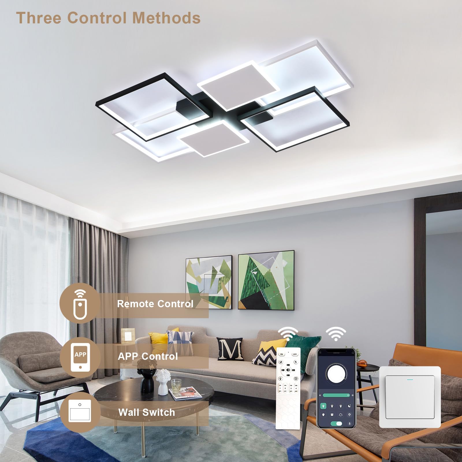 LED Deckenleuchte Dimmbar, 72W 8100LM Deckenlampe mit Fernbedienung 3000-6500K, Moderne Deckenbeleuchtung Quadratisch Design für Schlafzimmer Wohnzimmer Esszimmer (Weiß+Schwarz, 110CM)