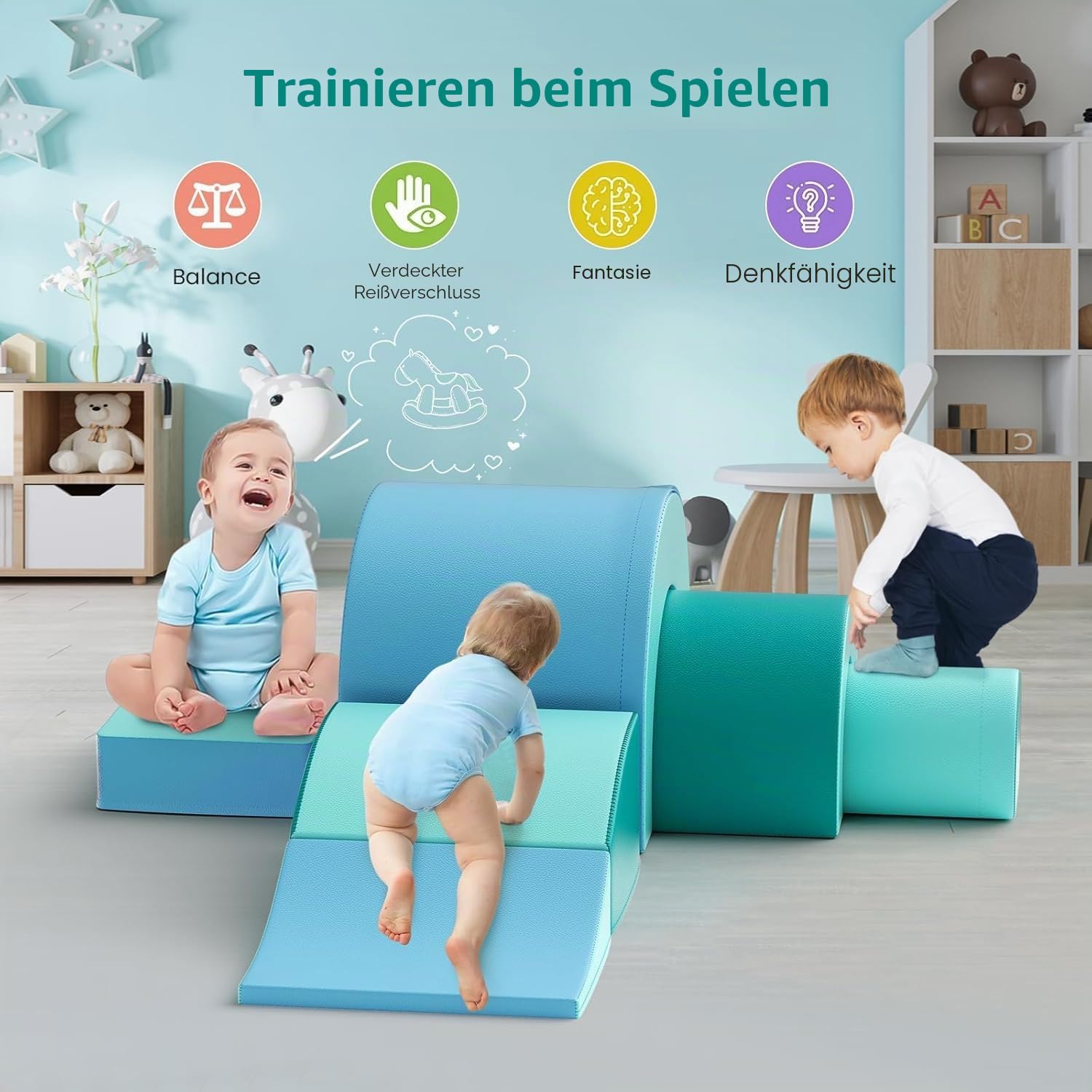 5-teiliges weiches Baby-Krabbelset mit Tunnel und Rutsche, Motorikspielzeug ab 1 Jahr, bunte Bausteine (Schnecken-Design) aus hochdichtem Schaumstoff, sicher und leicht, fördert Kreativität & Bewegung