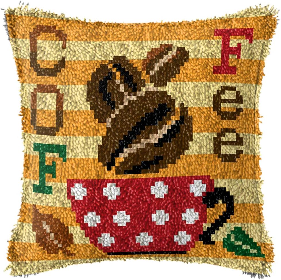 LAPATAIN Latch Hook Kits for DIY Throw Pillow Cover,Coffee Needlework Cushion Cover Hand Craft Crochet for Great Family 17x17inch