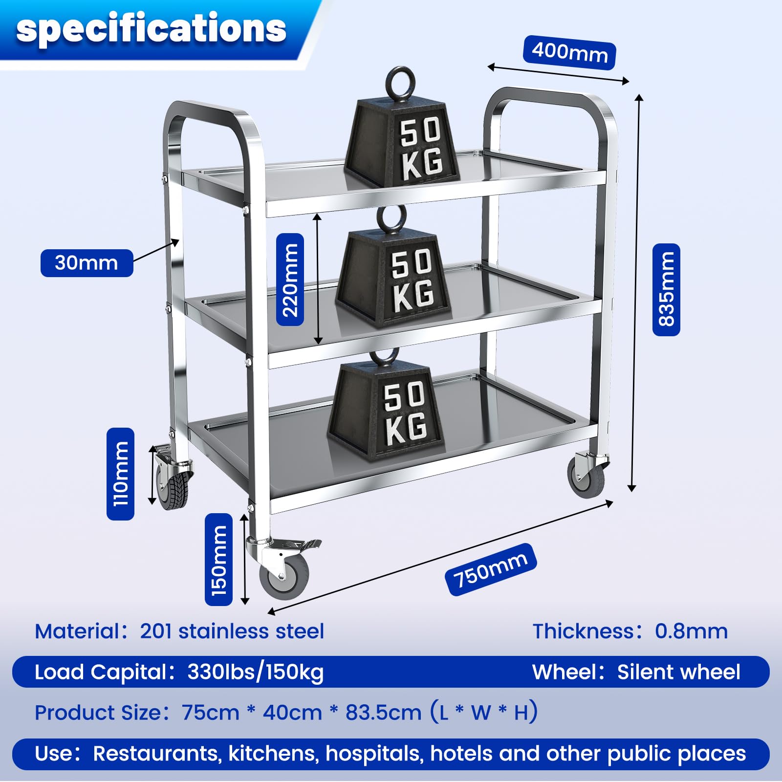 Carrello da cucina a 3 ripiani in acciaio inox, 75 x 40 x 83,5 cm, grande carrello da portata con ruote di bloccaggio, per cucina, hotel, ristoranti