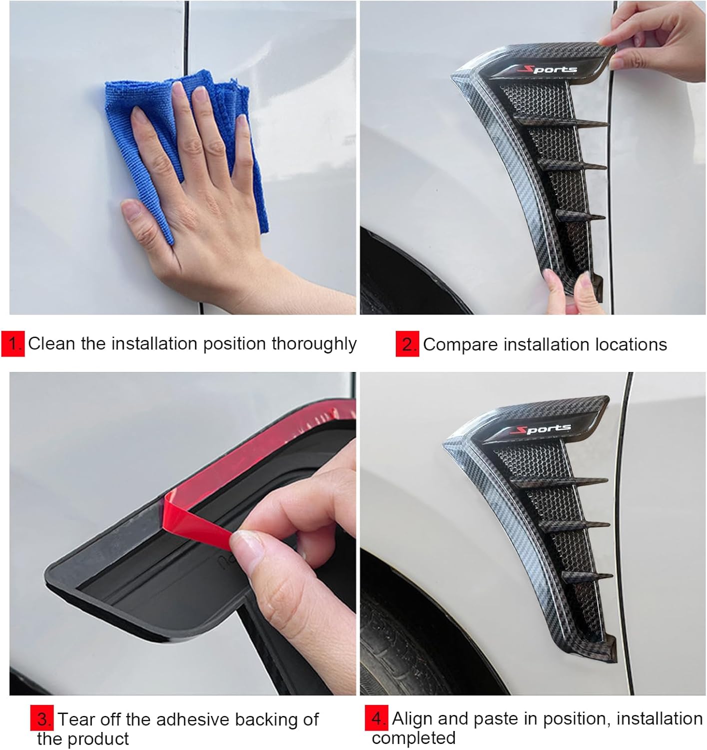 2PCS Car Fender Side Vents, TPU Scratch-Resistant Impact-Resistant Shark Gill Air Flow Grille, Self-Adhesive Sporty Vehicle Exterior Trim Modification Kit Universal for Most Cars (Carbon)