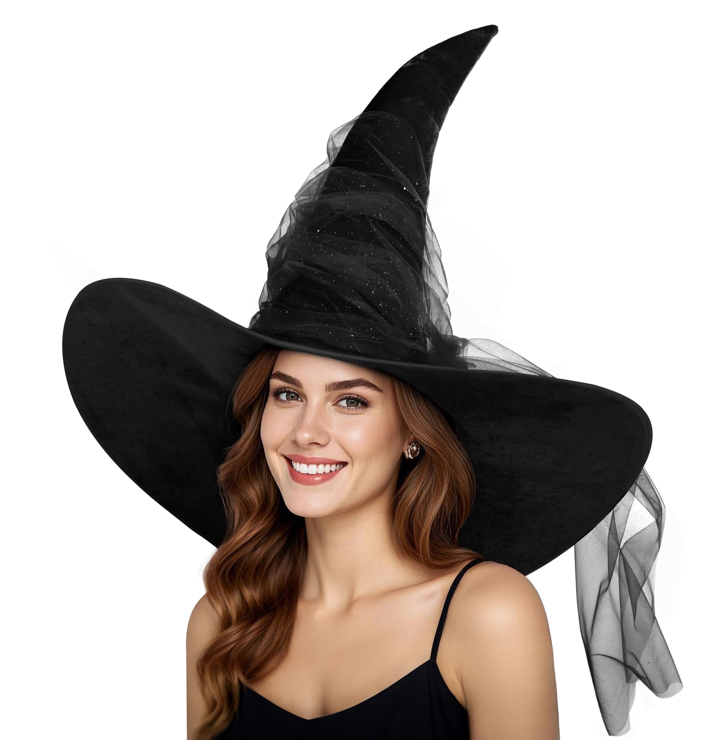 JEGERMIG Women's Black Masquerade Ruched Witch Hat Oversized Witches Velvet Hats Wide Brim Party Halloween Accessory