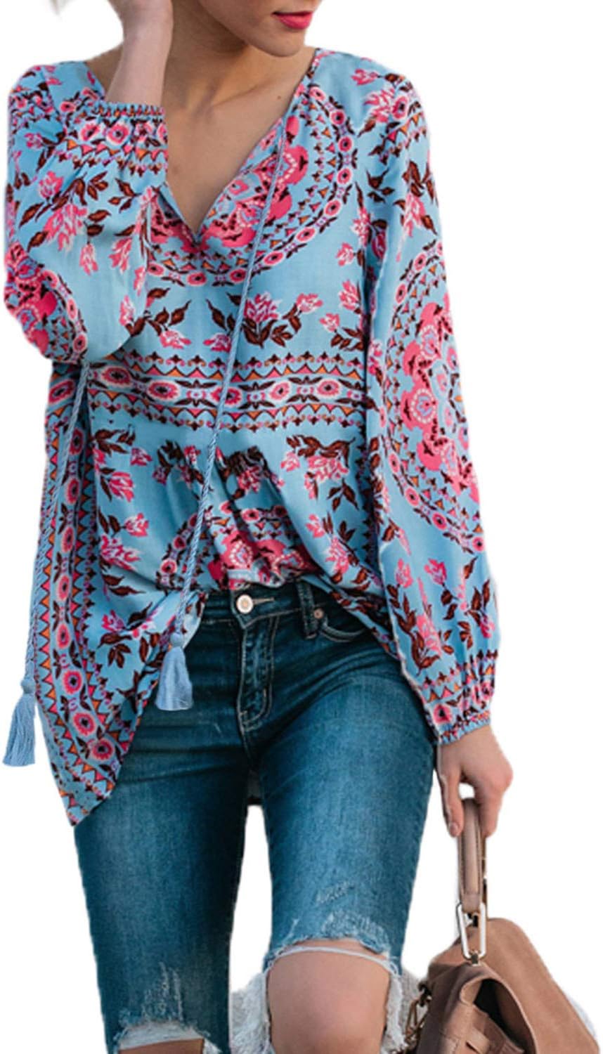 FARYSAYS Women's V Neck Long Sleeve Boho Floral Shirts Casual Loose Blouse Tops
