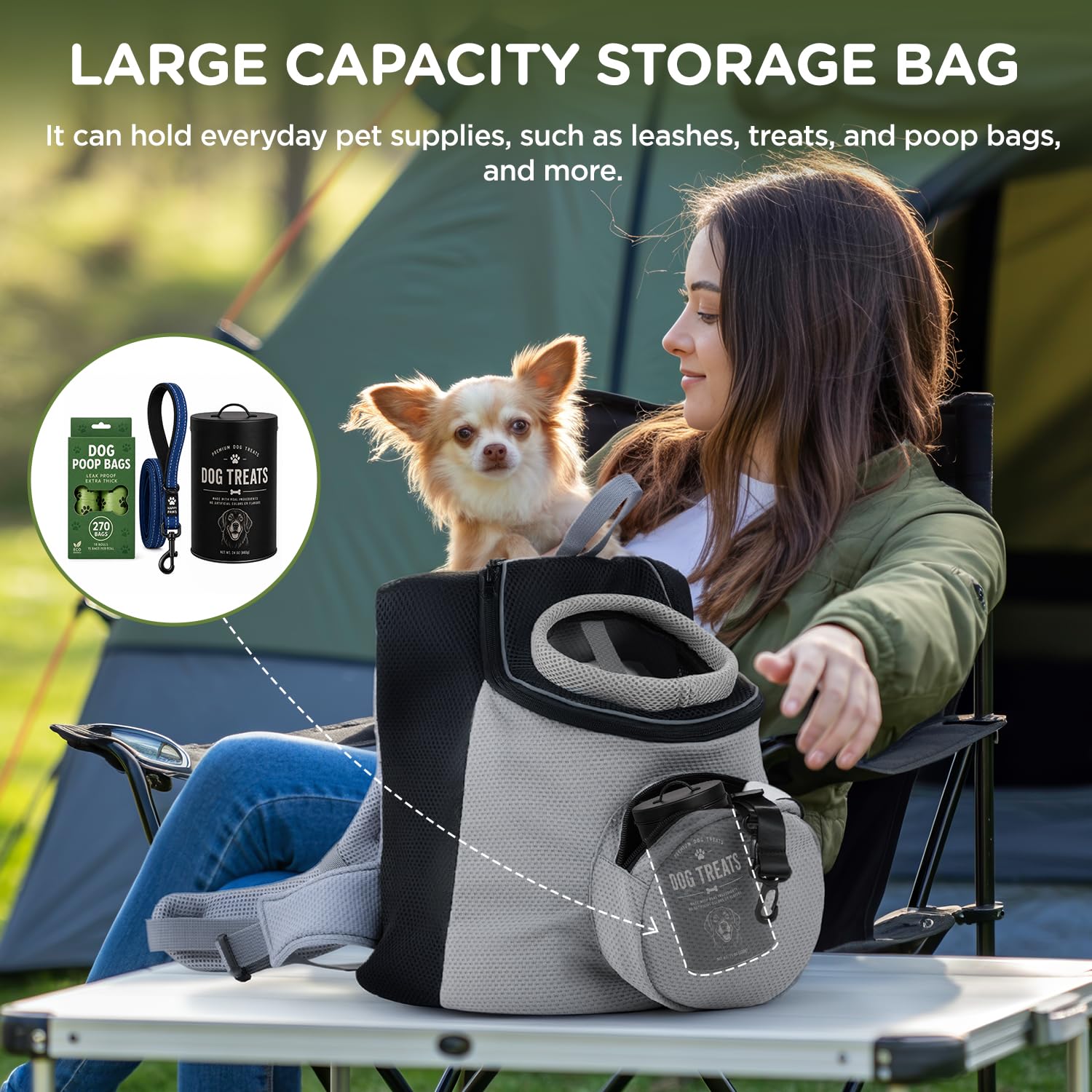BONTHEE Hundetrage-Rucksack für kleine Hunde & Welpen – atmungsaktiver Frontrucksack mit PE-Boden und Aufbewahrungstasche, für Outdoor, Wandern & Reisen, bis 4.5kg