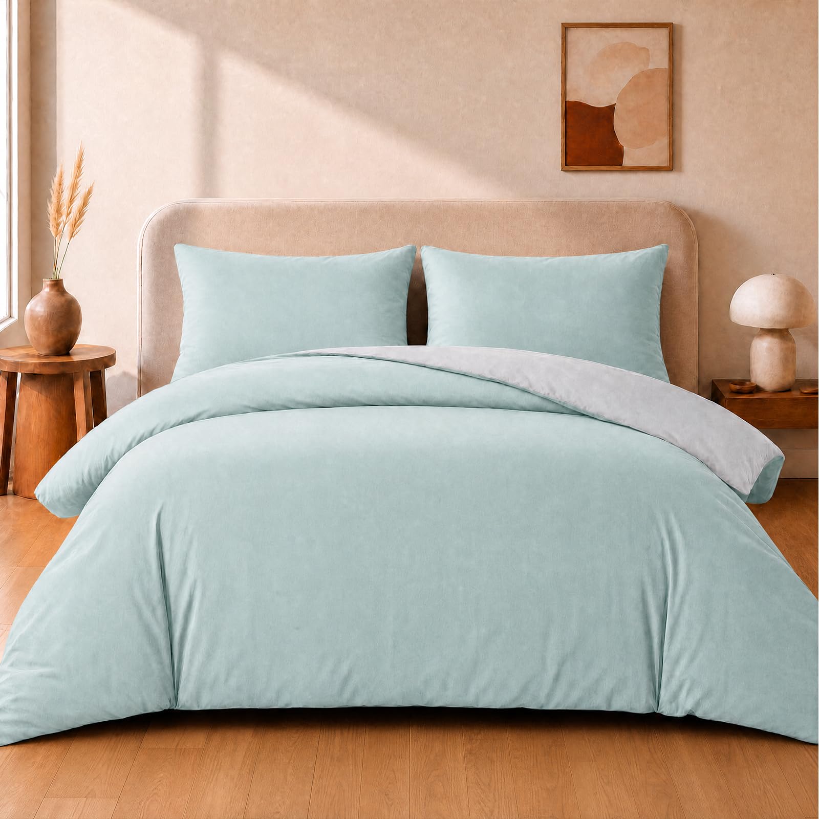 VelvetMis King Size Duvet Cover Set - 3Pcs Reversible Bedding Bed Set Sage Green And Light Grey Kingsize Microfiber Quilt Cover With 2 Pillowcases 50x75cm