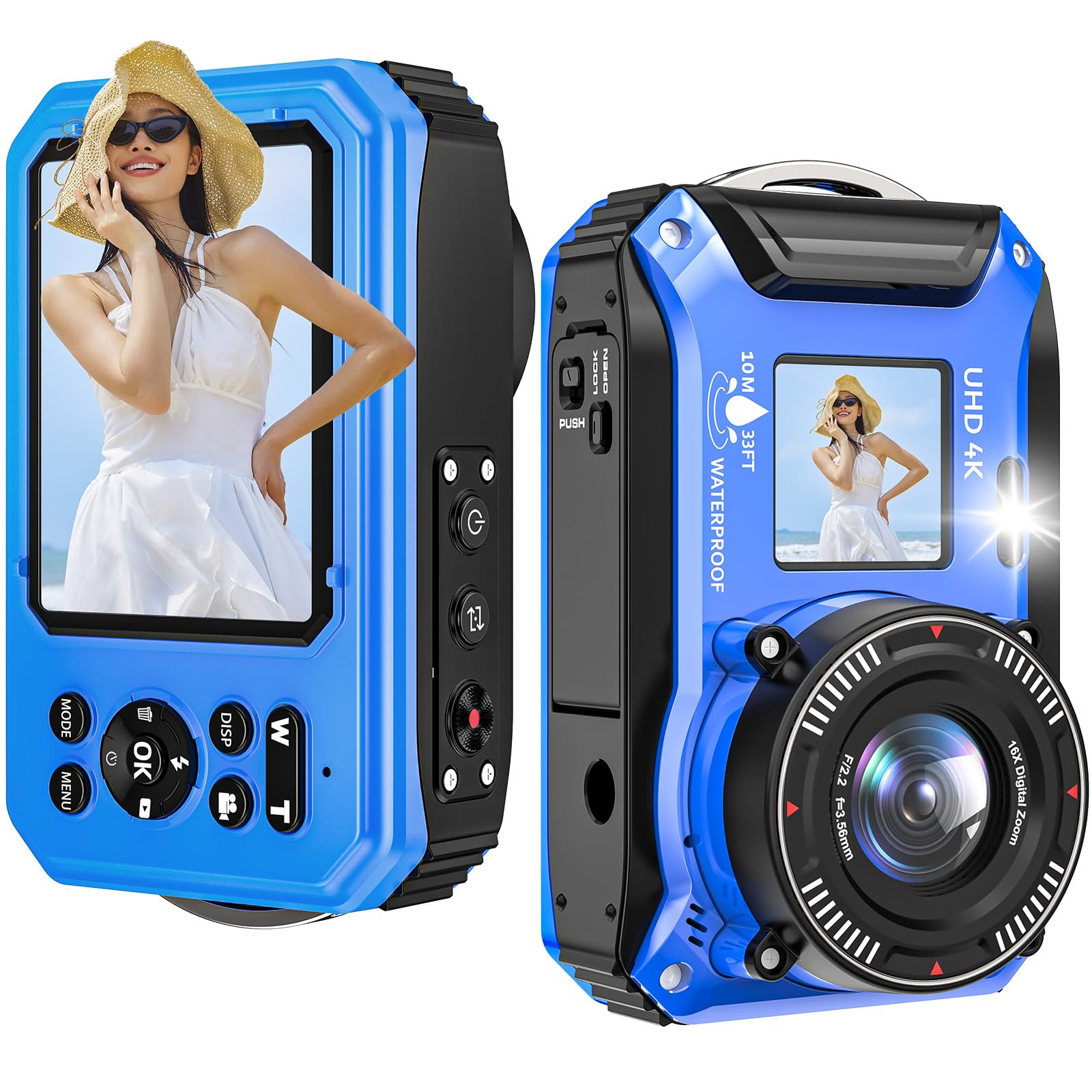 Fotocamera subacquea UHD 4K 64MP Autofocus fotocamera digitale impermeabile con una scheda 32GB selfie doppio schermo fotocamera impermeabile 33FT per snorkeling