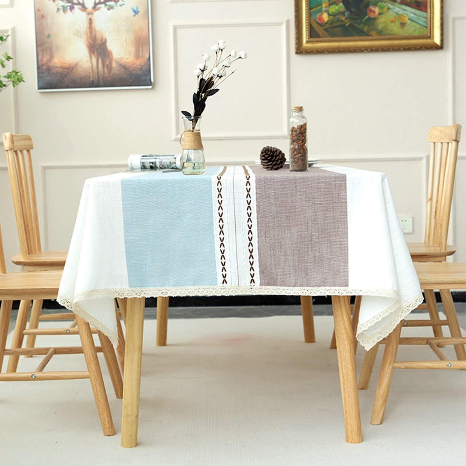 Tischtücher Hochzeit, 100 x 160 cm Baumwolle Leinen Flickwerkfarbe mit Streifen Tischtuch für Küche, Tischdekoration, Picknick, Blauer Kaffee