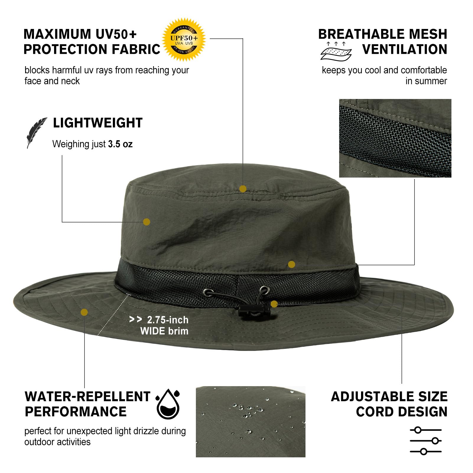TOP-EX Sombrero de malla impermeable UV 50 de gran tamaño XL XXL para hombre, plegable, para playa, senderismo, pesca