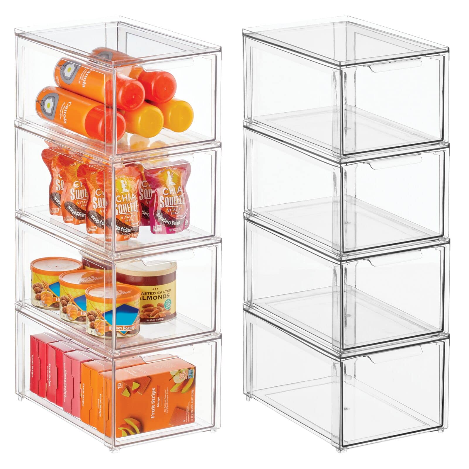 mDesignPlastic Pantry Organization and Storage Bin w/Pull Out Drawer - Stackable Kitchen Supplies Storage Container for Organizing Cabinet, Fridge, Freezer - Lumiere Collection - 8 Pack - Clear