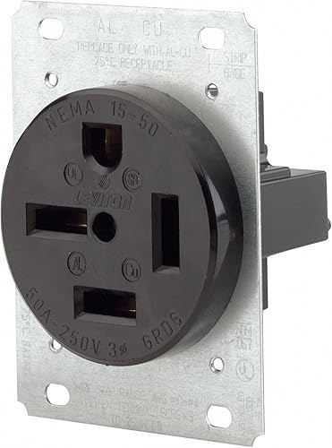 Leviton 8450 50 amperios, 250 voltios, receptáculo de montaje empotrado, hoja recta, grado industrial, puesta a tierra, negro