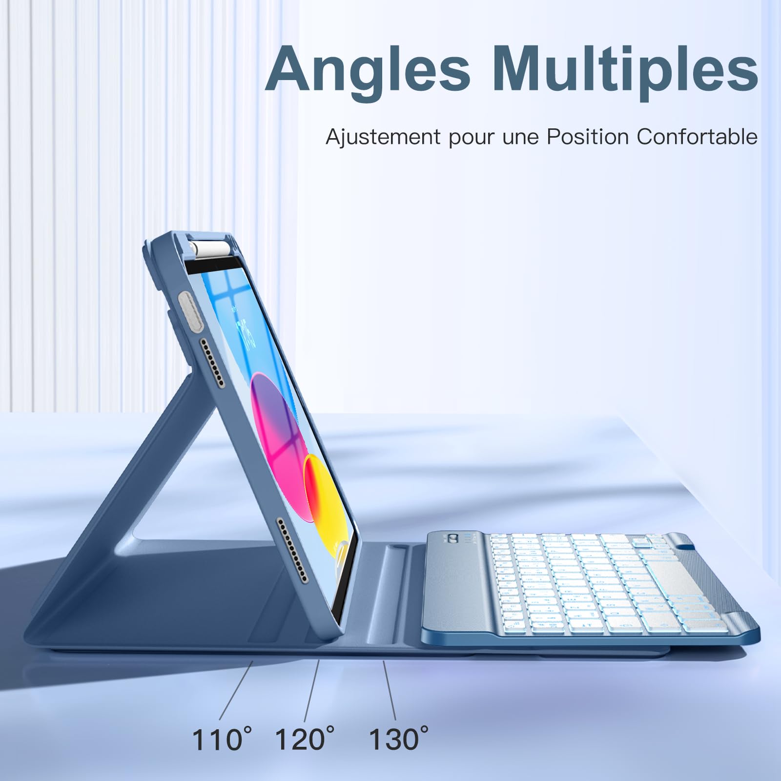 Vobafe Coque Clavier pour iPad A16 11/10 Ème Generation (11 Pouces 2025/10.9 Pouces 2022), Étui Keyboard 7 Couleurs Rétroéclairées avec Porte Crayon, AZERTY Layout pour iPad 10eme/11eme, Bleu