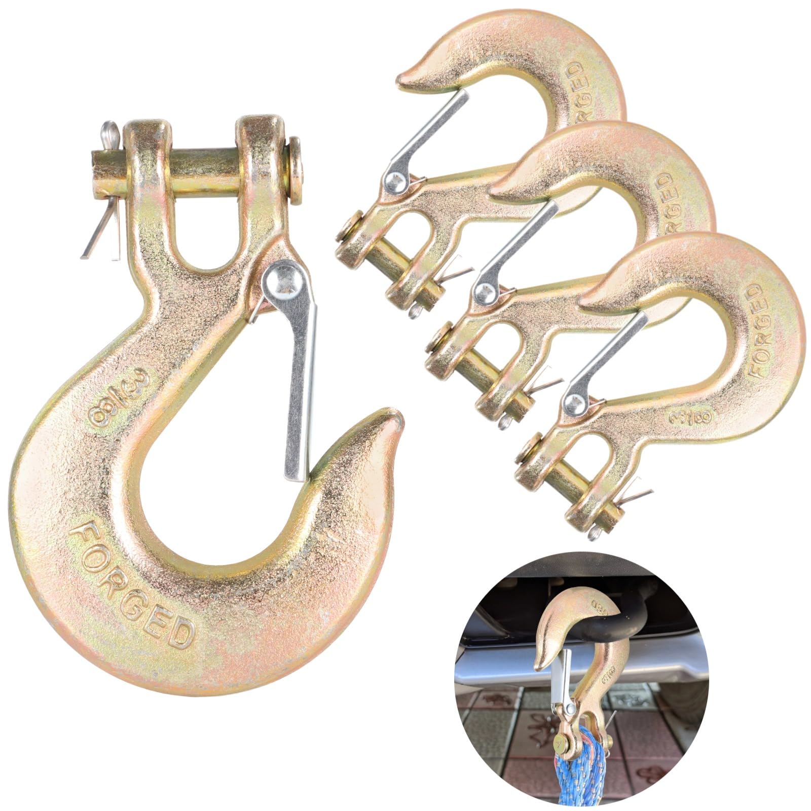 4 Stk. Clevis Slip Hooks, 3/8 Zoll Clevis Slip Hook mit Sicherheitsverschluss, Grade 70 Stahlhaken, geschmiedeter G70 Kettenhaken für Trailer, 18.000 lbs, Seilwinden, Zug- und Hebearbeiten