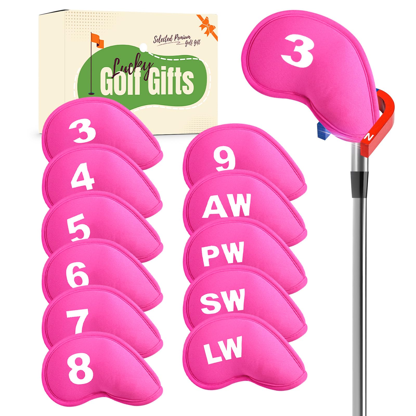 Golf Iron Head Covers Magnetic Soft Protection Printed Numbers Value Set, Durable Neoprene Headcover for Irons, Lightweight in Blue Black Pink for Men Women (Pink)