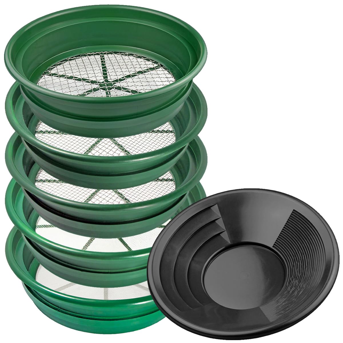 DRAGONXT 6 Piece Gold Panning Kit with Classifiers 1/2", 1/4", 1/8", 1/12", 1/20" Mesh Screens and 12" Gold Pan, Fits on Top of 5 Gallon Bucket