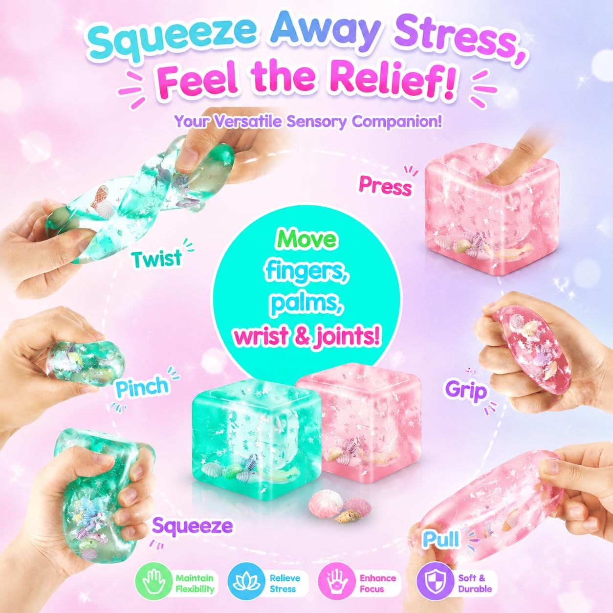 2-częściowe zabawki Squishy Cube Kulki, Kostka Lodu z Cukrowanym Słodkim Miodem z Muszlami i Pływającymi Gwiazdami, Wypełnione Zabawki Squishy Ball dla Dzieci i Dorosłych na Ulgę