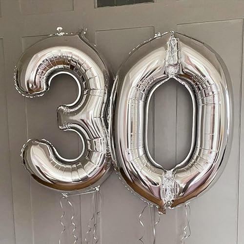 Miniatura 7 de Globos plateados con el número 30, globos de aluminio Mylar de 40 pulgadas, número 30, para fiesta de cumpleaños de 30, decoraciones de eventos y