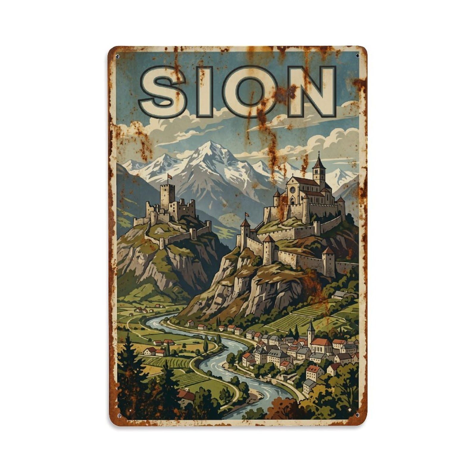 Vintage Travel Sion Switzerland Metal Tin Sign Wall Decor for Cafe, Club, Garden Metal Poster 8x12Inch