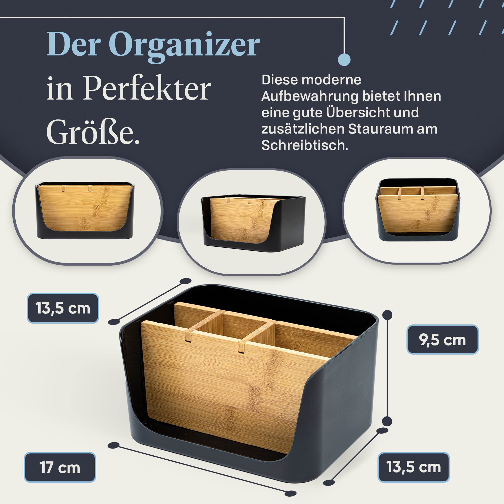 ECO Schreibtisch Organizer | Tisch- Büro- Kosmetik- Organizer | Handy & Tablet Halterung | Stiftehalter Schreibtisch | Briefablage | Serviettenhalter (schwarz, klein)