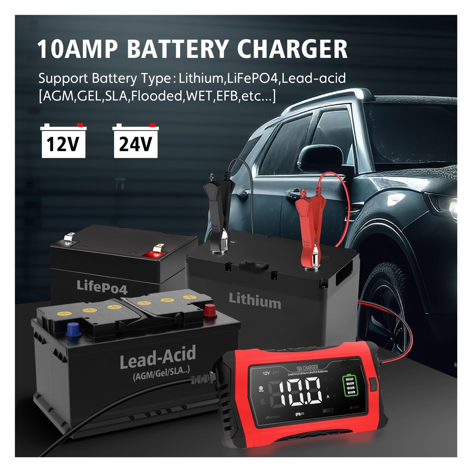 Cargador De Batería De Coche De Reparación Inteligente Universal De 12V 24V 10A, Cargador De Reparación For Batería De Plomo Ácido AGM GEL LiFePO4(10A UK Plug)