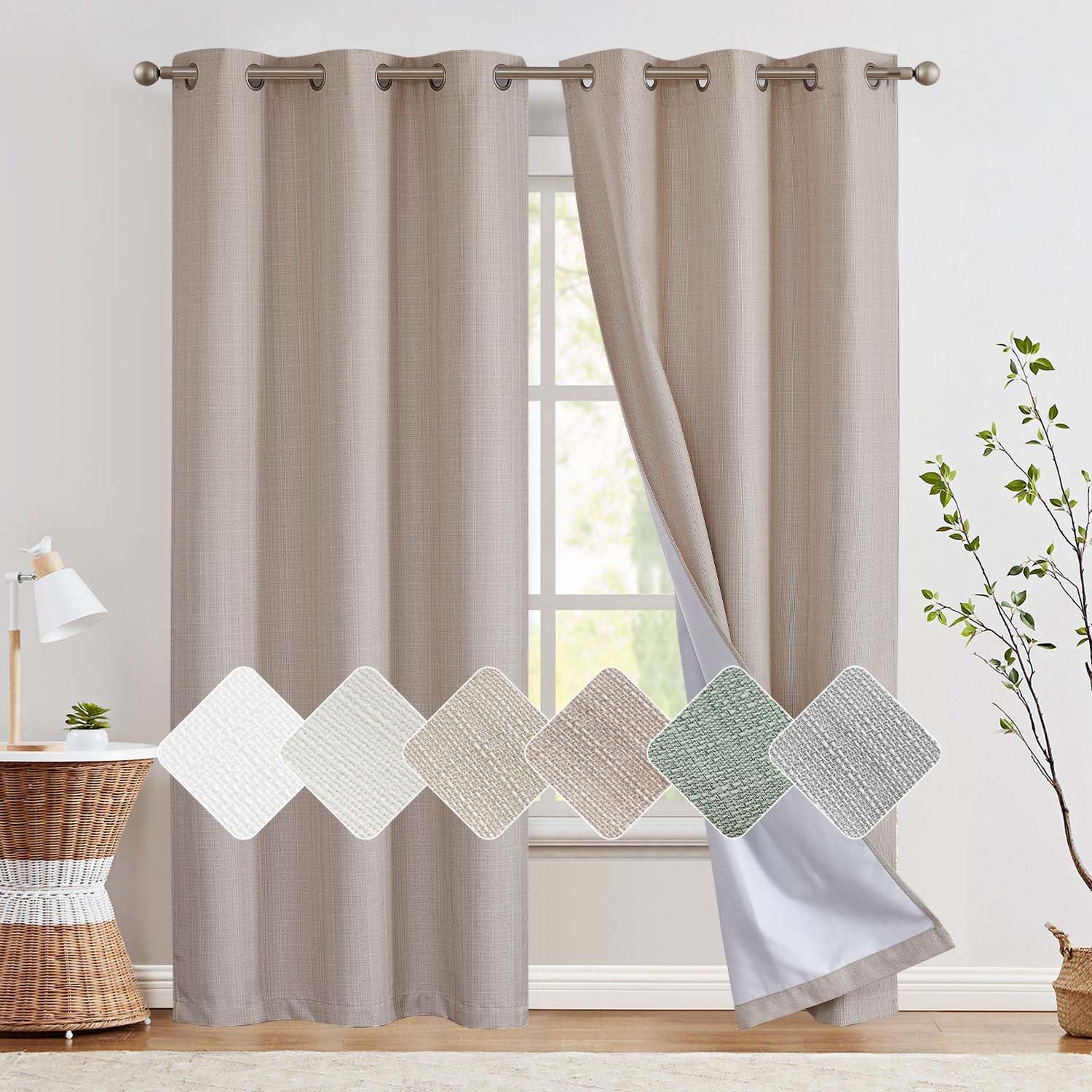 jinchan 100% Blackout Curtains for Bedroom Living Room Linen Blackout Curtains 90 Inch Long Room Darkening Curtains Linen Textured Drapes 2 Panels