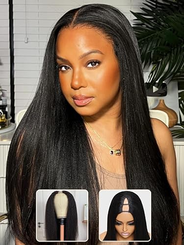 Miniatura 3 de Nadula Peluca de cabello humano lacio con parte en V, sin pegamento, sin dejar fuera, pelucas mejoradas con parte en U para mujeres, pelucas de Yaki