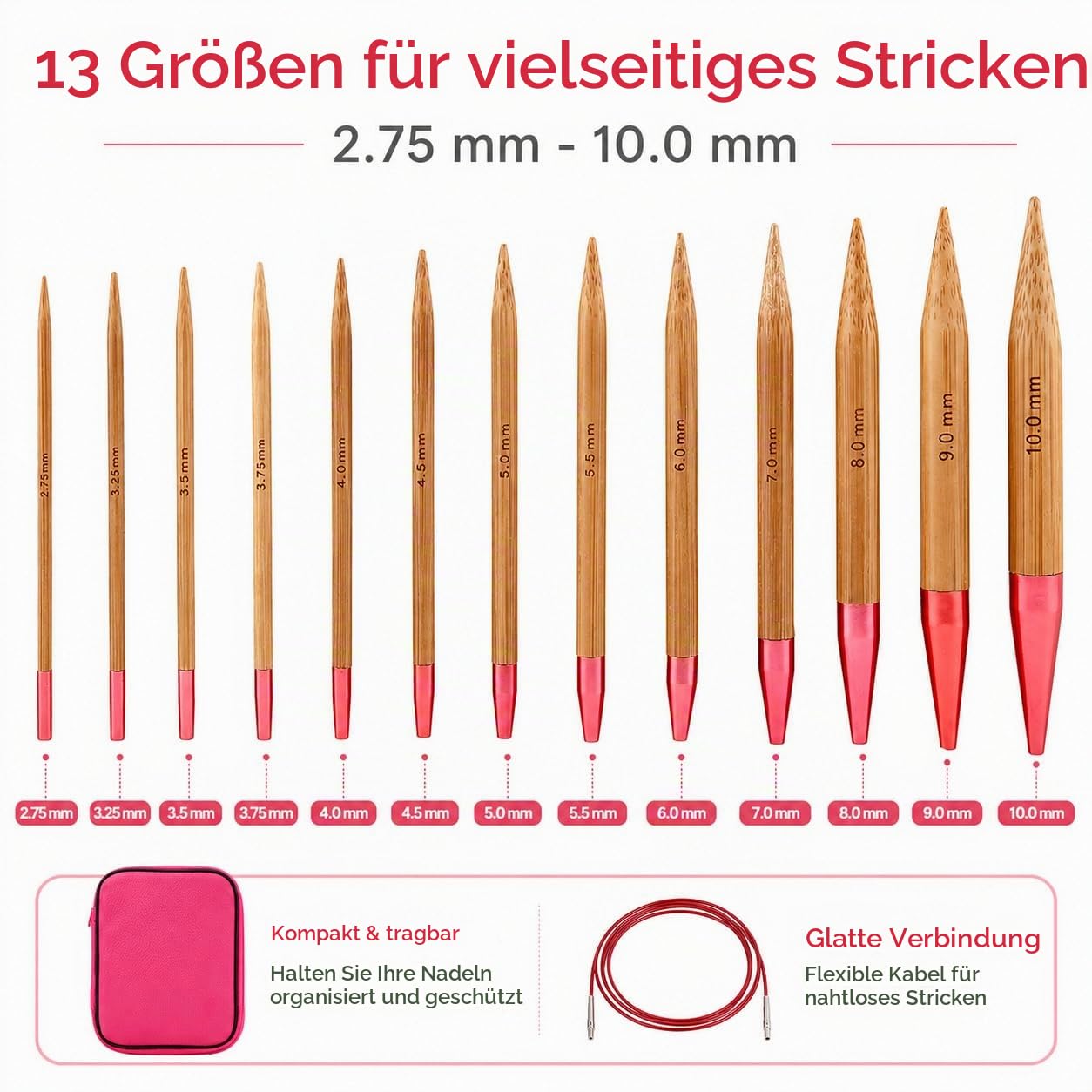 LetCart Stricknadeln Set, 13 Paar Rundstricknadeln mit Tasche und Zubehör, 13 Nadeldurchmesser 2.75mm-10mm, 4 Längen Verstellbar, Stricknadeln Bambus Set mit Aufbewahrungstasche für Handarbeit