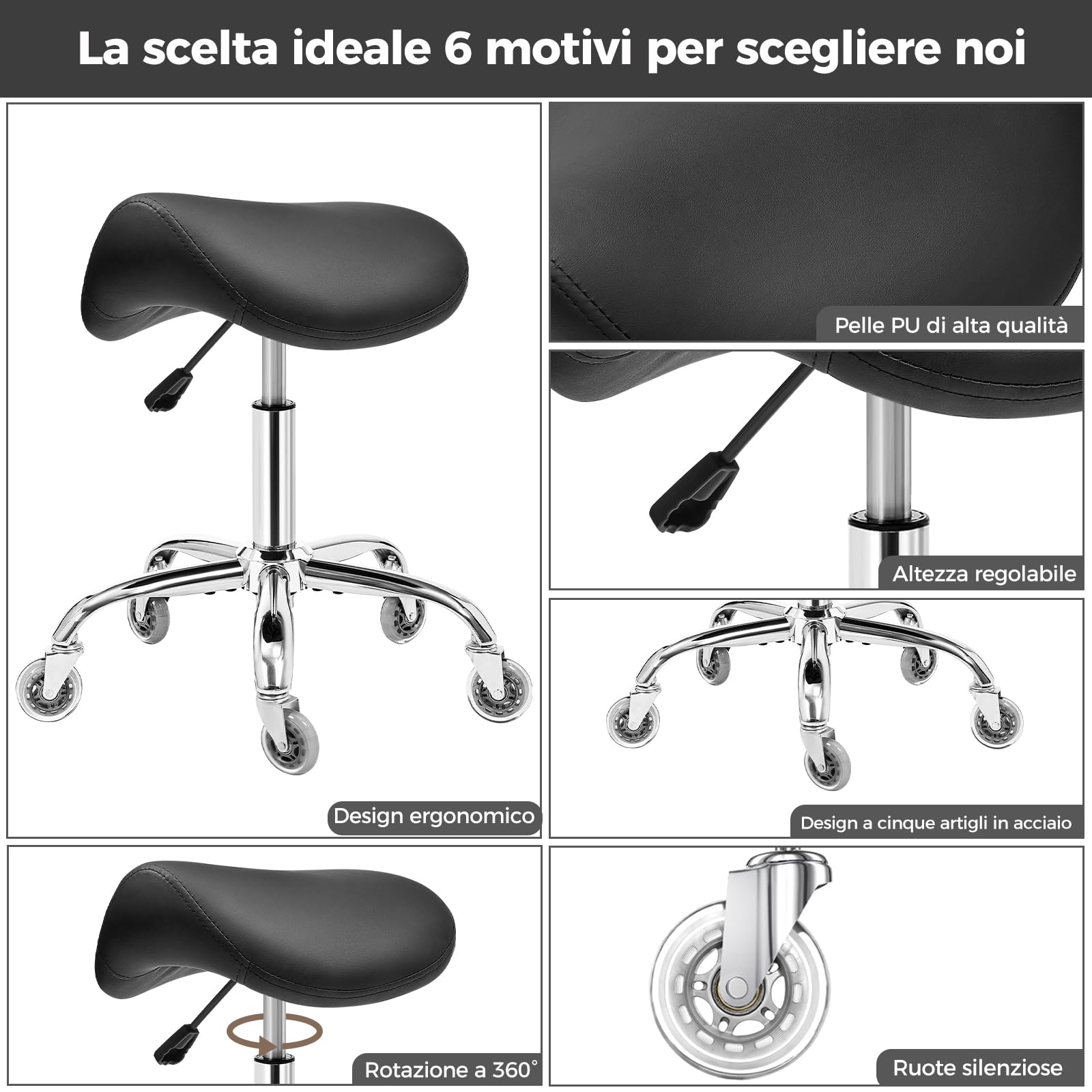 BEWISHOME Sgabello a Sella Ergonomico con Ruote, Regolazione Idraulica dell’Altezza, Ampio Cuscino di Seduta, Adatto per Saloni di Parrucchiere e Bellezza, Centri Massaggi e Benessere (Nero)