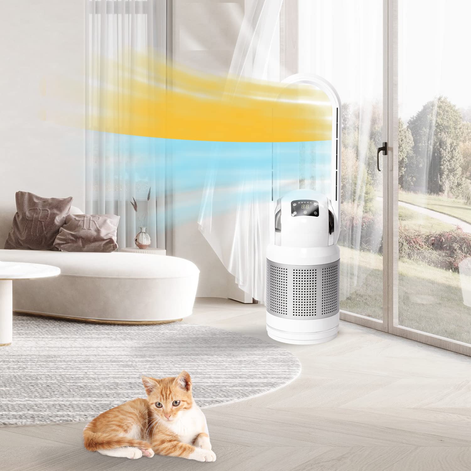 HEATIT Bladeless Fan with Remote and Air Purifier Tower Fan 80Â° Oscillating with 8 Speeds 8H Timer Air Circulator Fan for Home Bedroom Kitchen and Office White