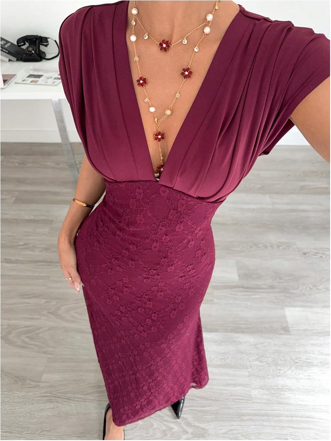 Milumia Women's Floral Lace V Neck Cap Sleeve Maxi Dress Ruched Bodycon Wedding Guest Dresses - Image 4