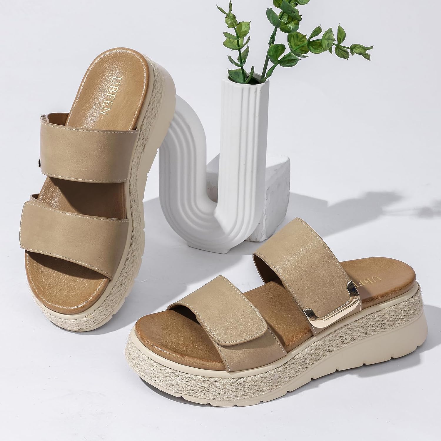 UBFEN Womens Espadrille Platform Sandals Low Wedge Slides Orthopedic Arch Support Two Adjustable Straps Dressy Casual Sandals for Beach Summer Walking