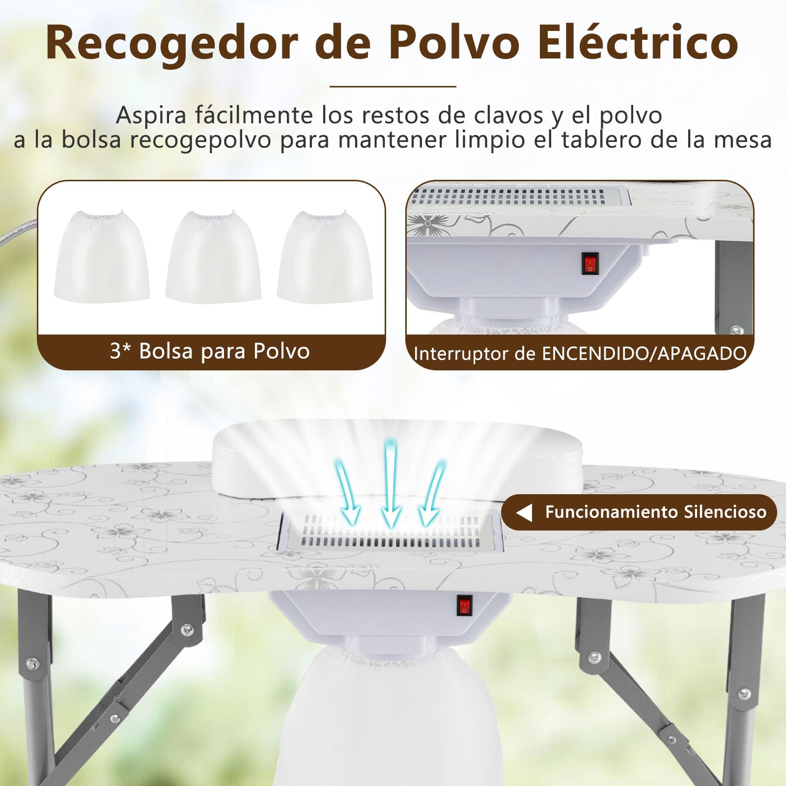 GOPLUS Mesa de Manicura Portátil con Colector de Polvo Eléctrico, Mesa de Manicura Plegable con 4 Ruedas Bloqueables, 3 Bolsas de Polvo, Lámpara LED Ajustable, Bolsa de Transporte, para Spa (Blanco)