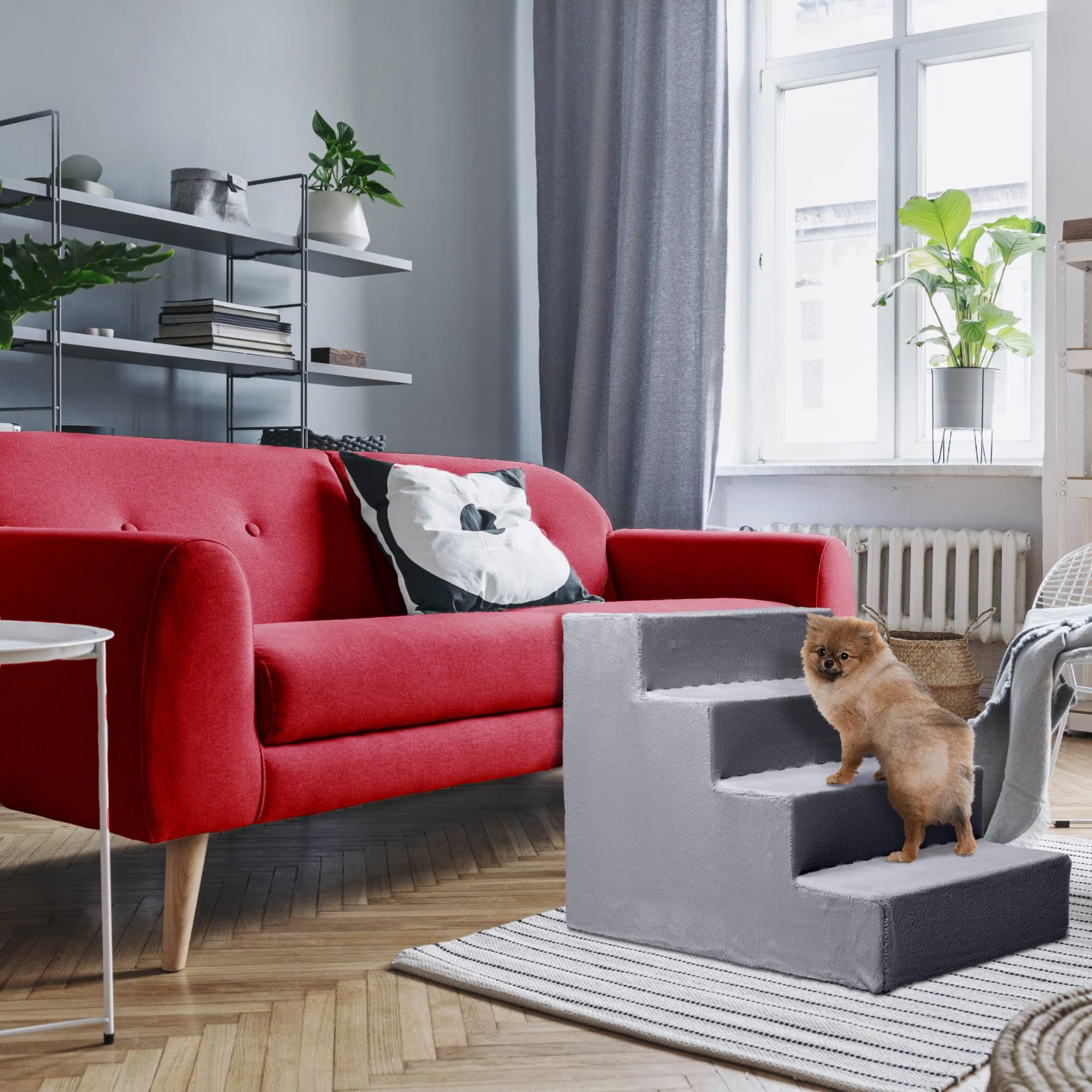 Mg Design Hundetreppe 4 Stufen in Grau – Stabiler Holzrahmen, gelenkschonend, leicht & mobil, für Sofa & Bett, für Hunde & Katzen