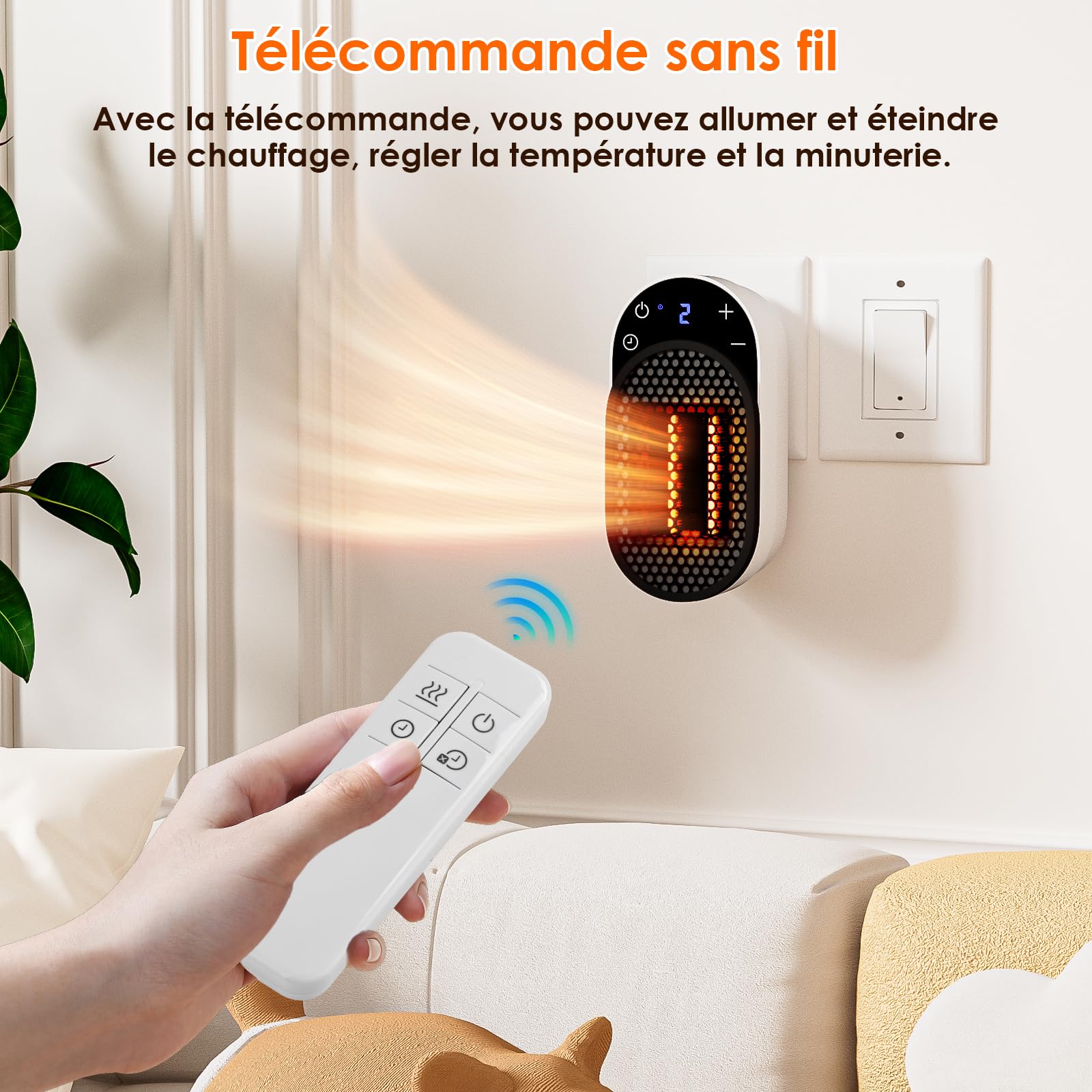 Dreamhigh® Chauffage d'appoint 500 W, Chauffage Soufflant avec Télécommande, Rotation à 90°, Minuterie 1-12 Heures, Écran LED, Chauffage Electrique Economique pour Pièces jusqu’à 25 m³