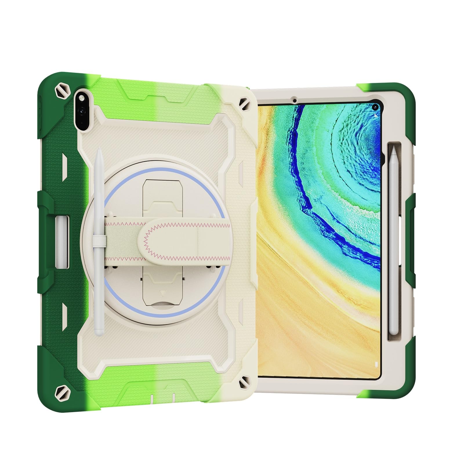 Odporna na wstrząsy obudowa do tabletu Huawei MatePad Pro 10,8 cala 2019/2021 Release, wytrzymała TPU z podpórką Wytrzymała ochronna Etui dla dzieci paskiem rękę Pasek noszenia(Ye?il)