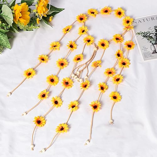 Miniatura 5 de Sucrain 2 diademas hippie de flores, corona floral, accesorios para el cabello de girasol de verano para los años 70, estilo bohemio para mujeres