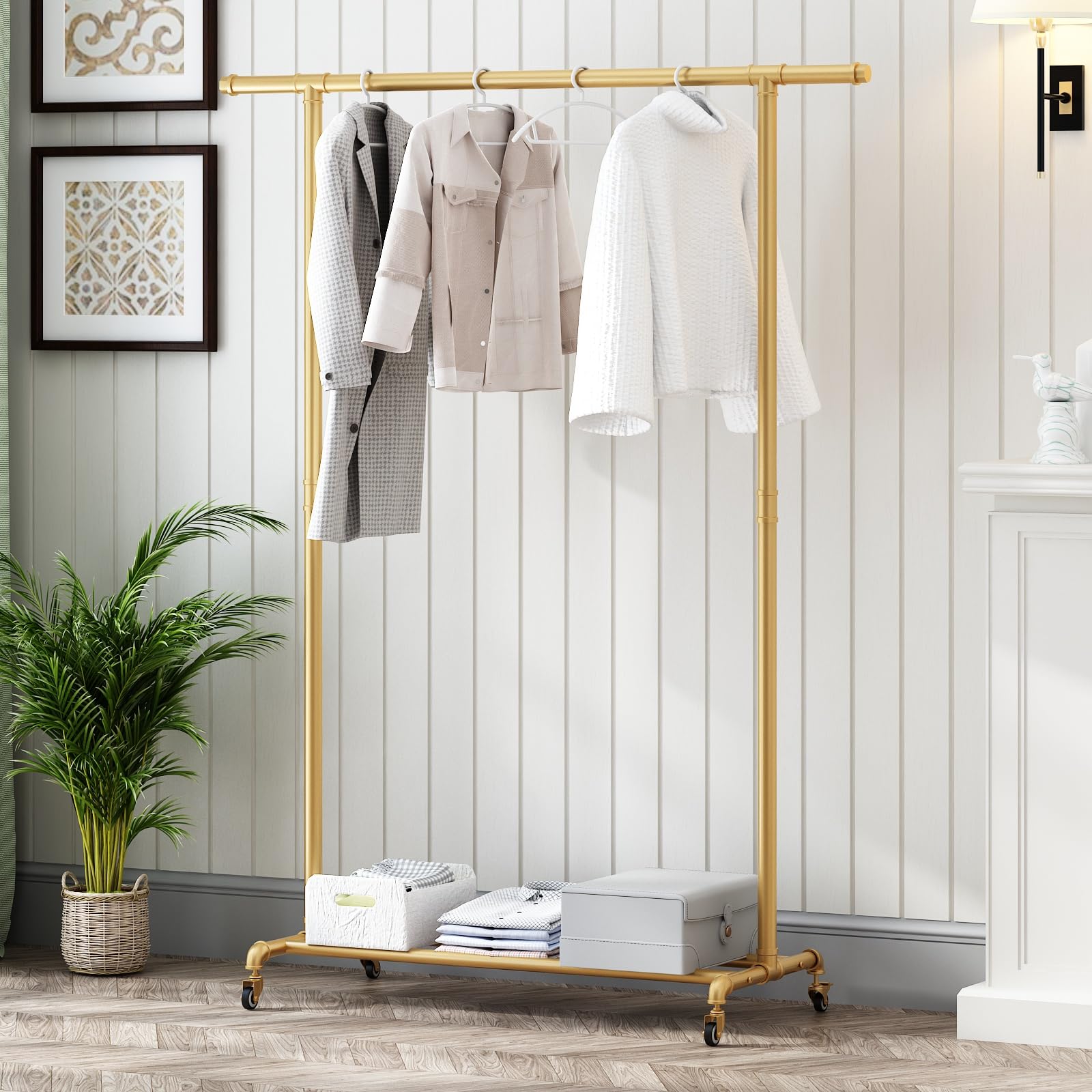 Industrial Pipe Clothing Rack, Heavy Duty Metal Clothes Rack With Wheels, Rolling Garment Rack with Bottom Shelf for Home Boutique Use (Gold)