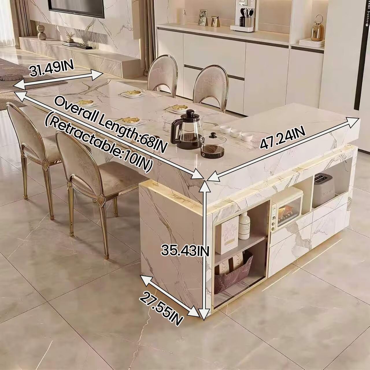 Kitchen Island with Storage, Luxurious Extendable Dining Table with Built-in Socket, 2 Drawers, Open Shelves & Compartments, White and Gold (68IN No Chairs)