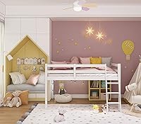 Vista 6 de Vingli - Cama junior tipo loft baja con escalera, cama tipo loft de madera blanca de tamaño completo para adultos, niños y adolescentes jóvenes,