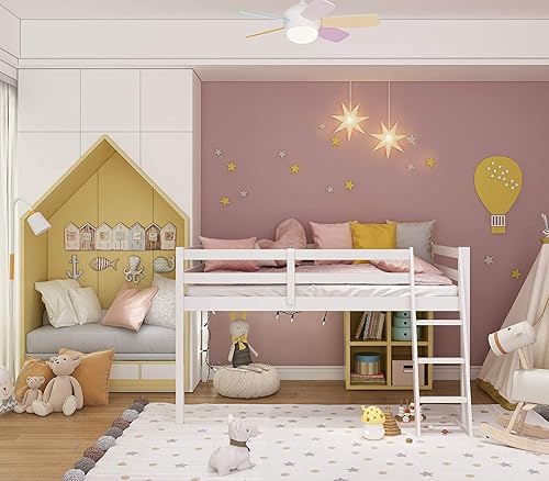 Miniatura 6 de Vingli - Cama junior tipo loft baja con escalera, cama tipo loft de madera blanca de tamaño completo para adultos, niños y adolescentes jóvenes, no