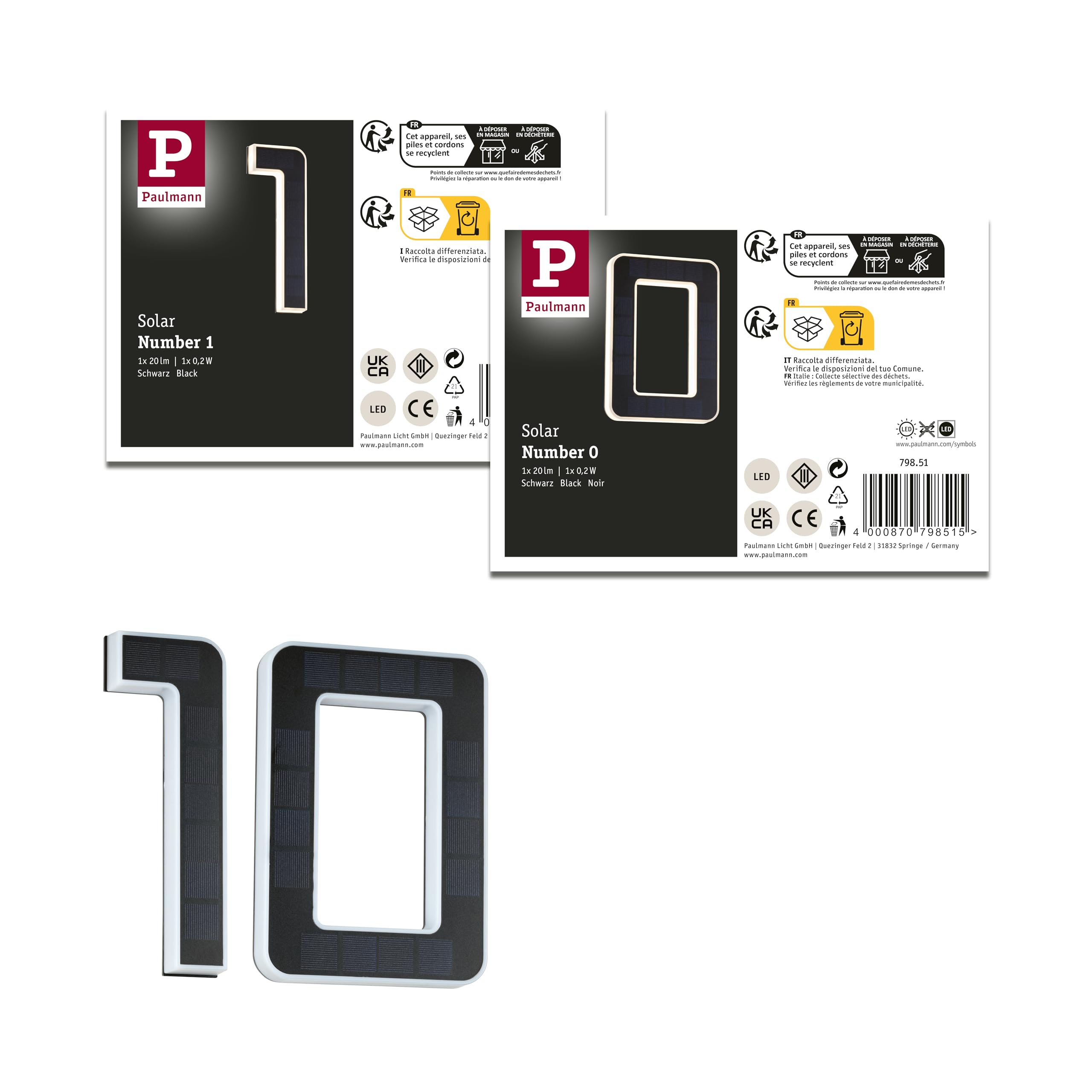 Paulmann 5290 Set Solar LED Hausnummernleuchte inkl. wechselbarer Akku Nummer 10 3000K 2x6lm 2x0,2W Schwarz