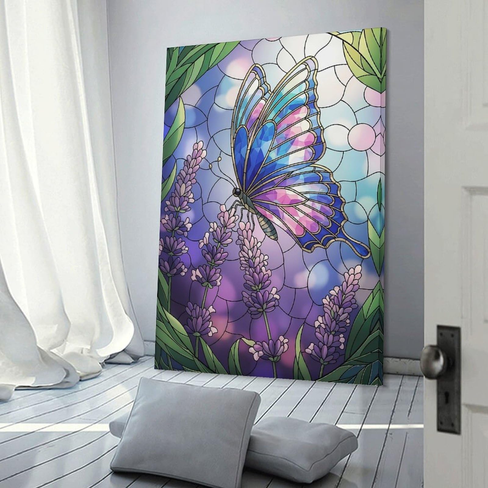 Junmoney Butterfly And Lavender Stained Glass Art Hanging Wall Art, 20x30inch(50x75cm), for Gallery Wall Decor And Room Displays, Home Wall Art for Statement Displays