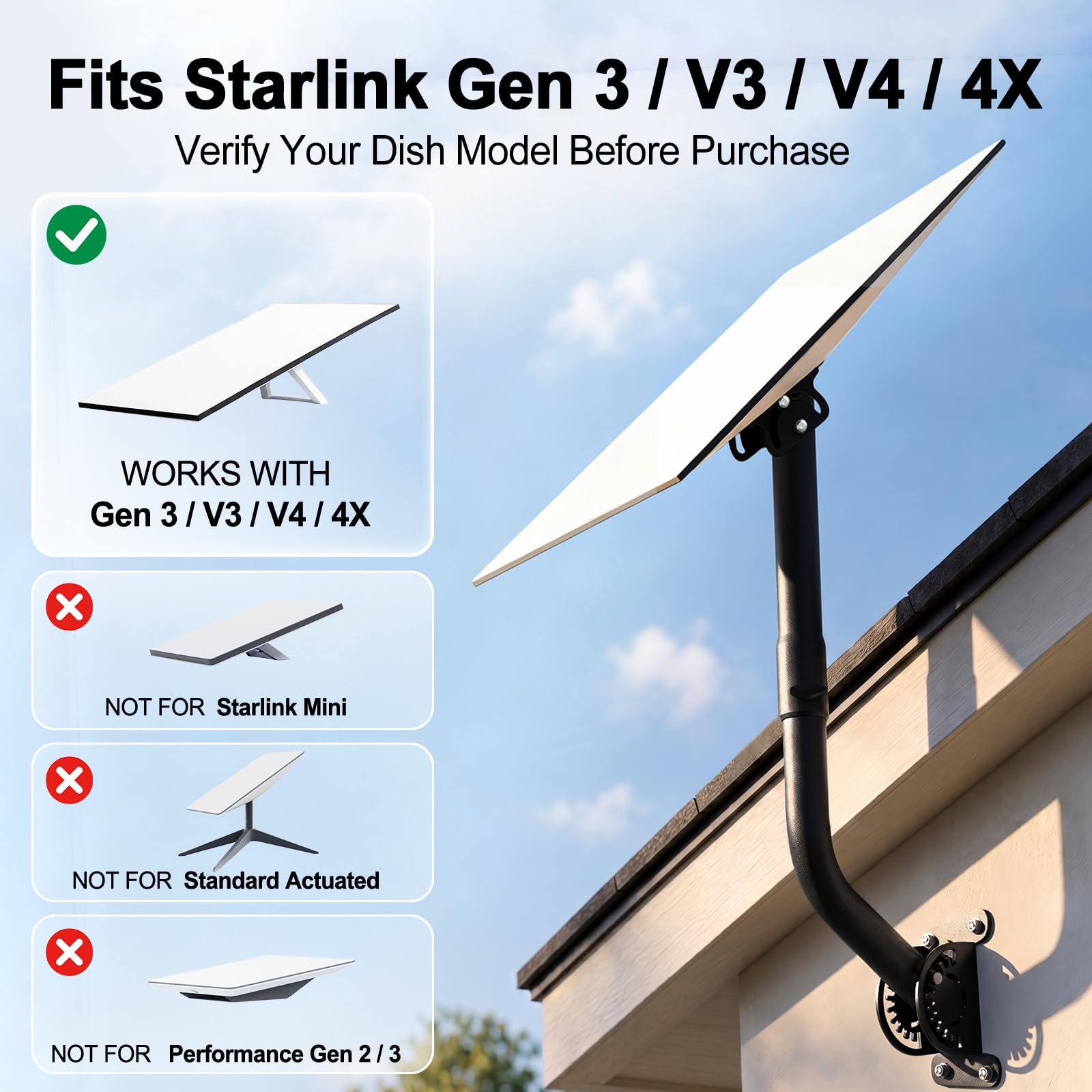 Kit di montaggio compatibile con Starlink Gen 3, montaggio a parete e tetto di casa, staffa girevole in acciaio al carbonio resistente per parabole antenna, braccio per grondaia da 71,9 cm per