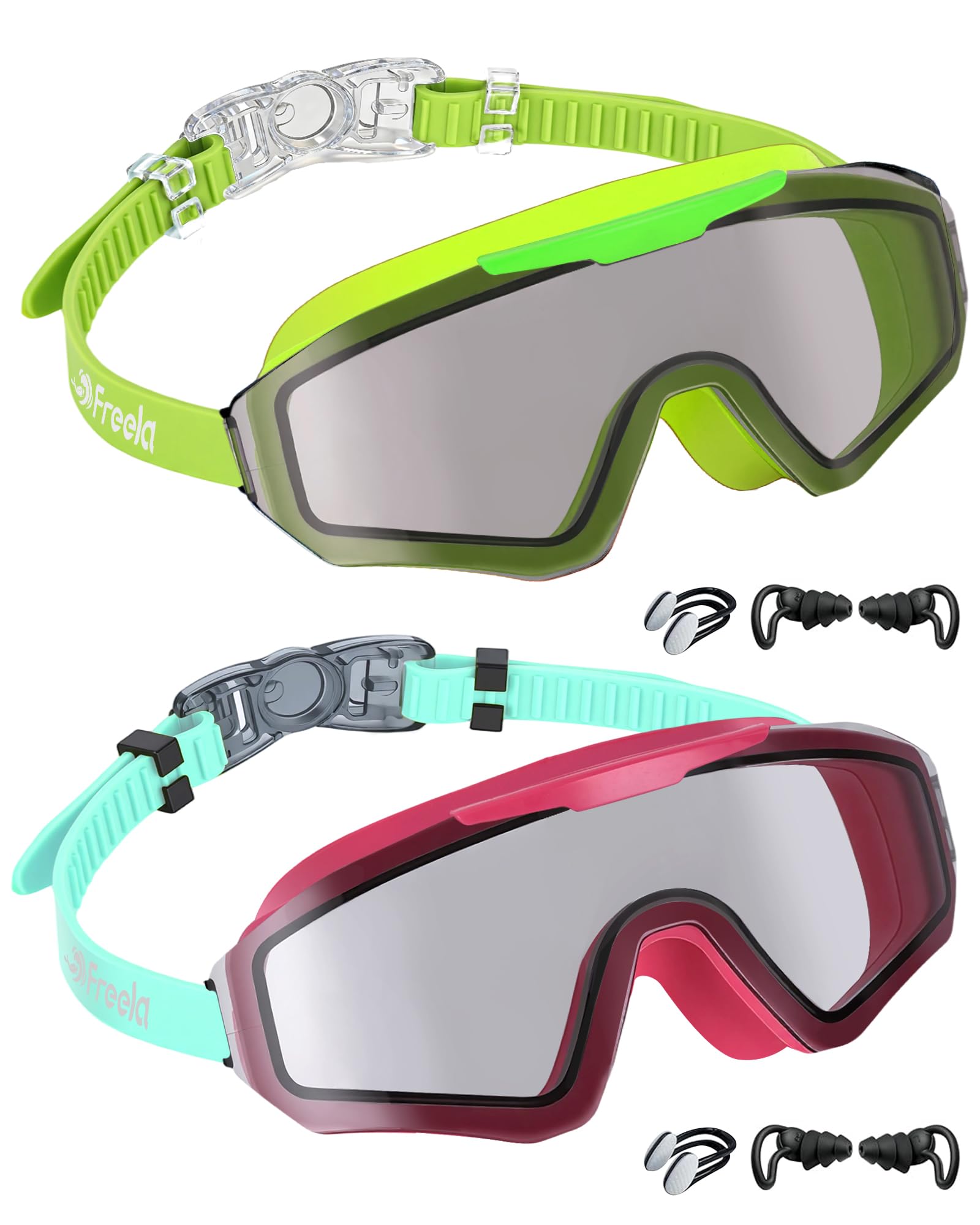 Freela Kinder-Schwimmbrille für Kinder von 8–16, Anti-Beschlag, UV-Schutz, extra Silikonschicht, Schwimmbrille für Jugendliche, Jungen, Mädchen, 2 Stück
