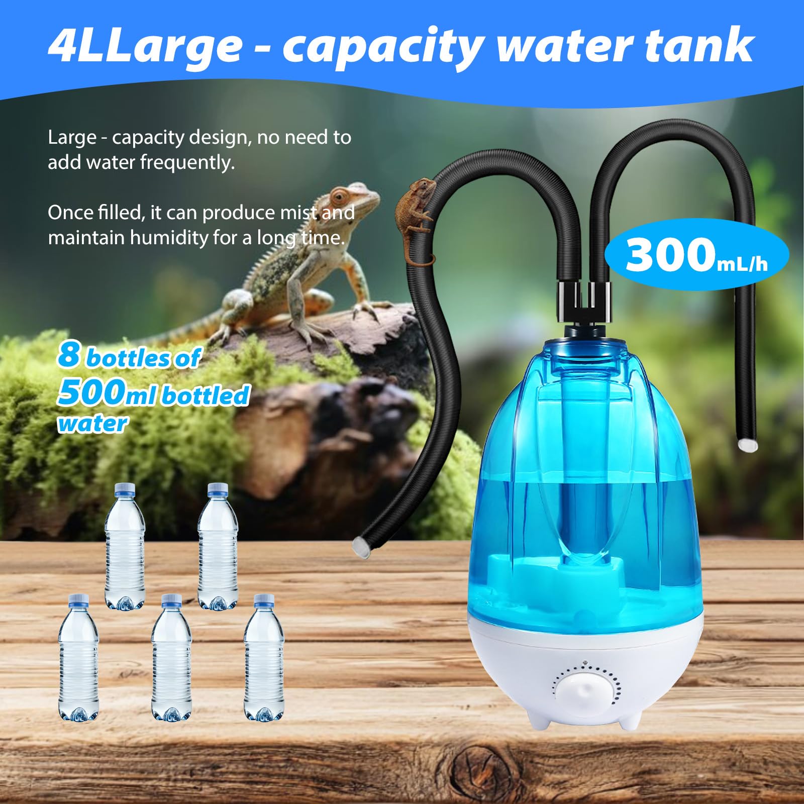 Reptilie Luftbefeuchter Terrarium, 4L Reptilien Luftbefeuchter 300mL/h Mit 7 Farben der Nachtlichtfunktion, Terrarium-Nebelgerät Mit verstellbarem Schlauch, Vaporizer Nebelmaschine mit Doppeldüse