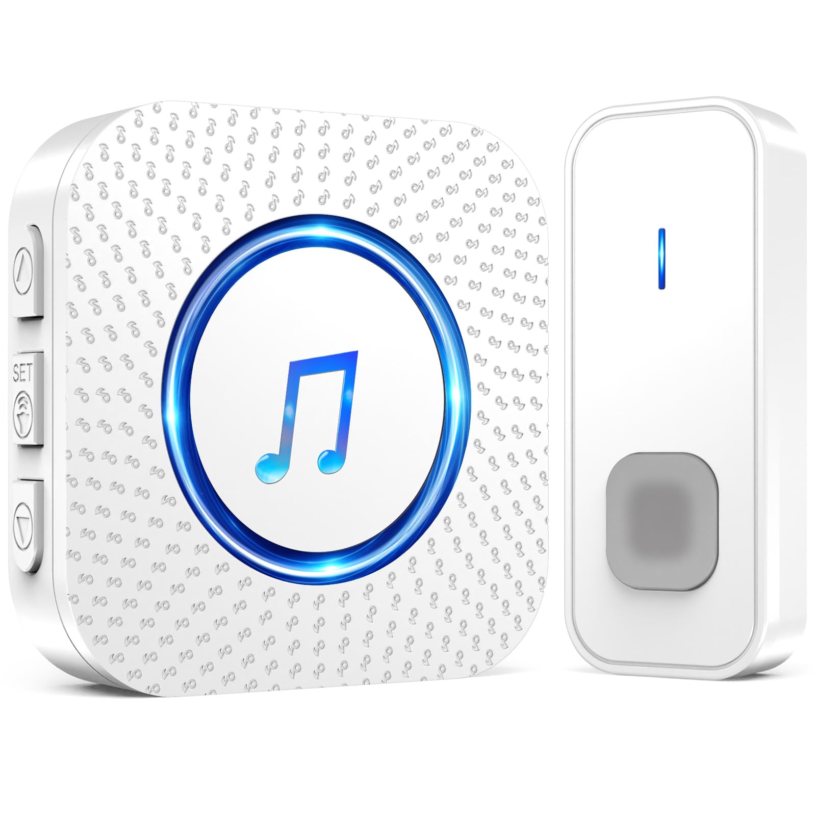 SURFOU Campanello Senza Fili da Esterno Interno, Campanello Casa Wireless Pulsante Batteria Funzionamento a Lunga Distanza di 400m, 55 Suonerie, 5 Volumi Selezionabili, Indicatore LED, Bianco