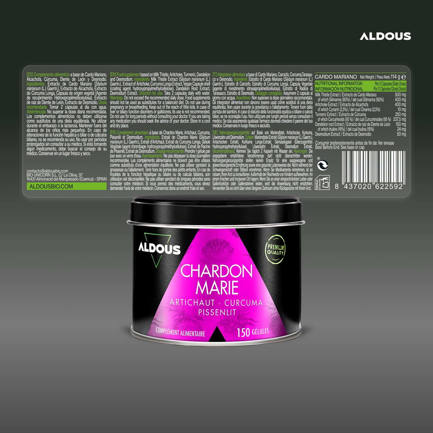 Chardon Marie avec Curcuma, Artichaut Pissenlit et Desmodium - 150 Gélules - 80% Silymarine - Hautement Concentré Extrait de Chardon Marie - Détox Foie, Digestion Difficile et Ballonnements - ALDOUS
