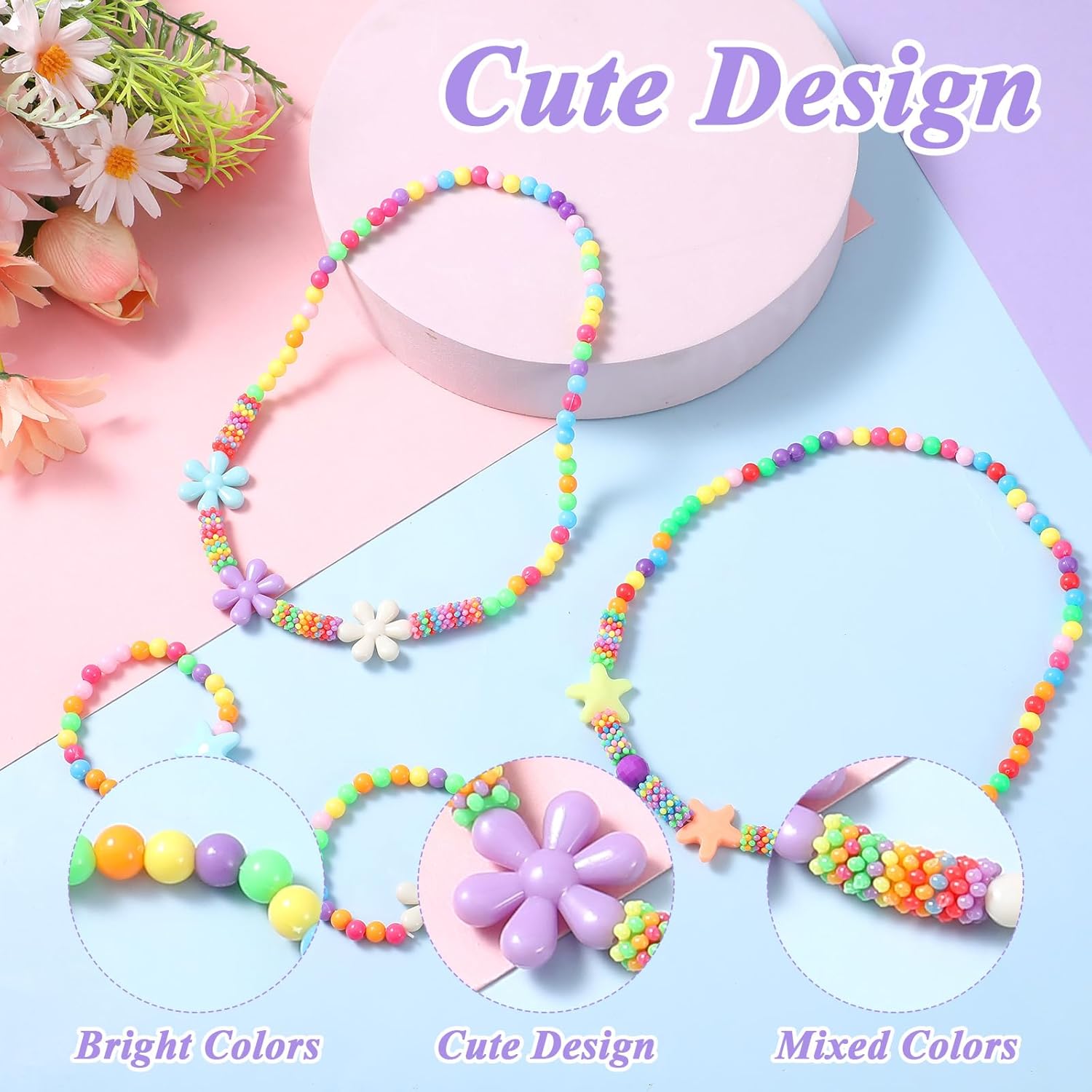 4Pcs Girls Jewelry Set, Cute Flower Star Beaded Necklace and Bracelet For Women Lovely Beaded Jewelry Dress up Gift Accessories, Fun Colorful Bead Bracelets for Teen Christmas Birthday Gift